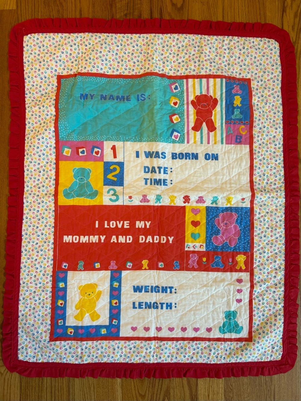 Vintage Baby Crib Blanket Bear 80s 90s Primary Color Birth Record Ruffle Nursery